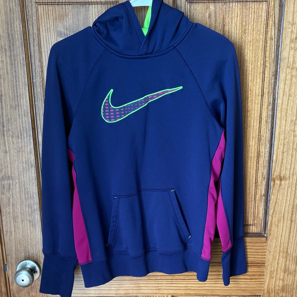 Nike Therma-Fit Purple and Magenta Hoodie with Lime Logo - Size Medium